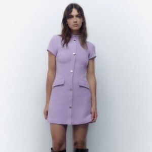 Zara Lavender lilac tweed Button-Up Mini Dress